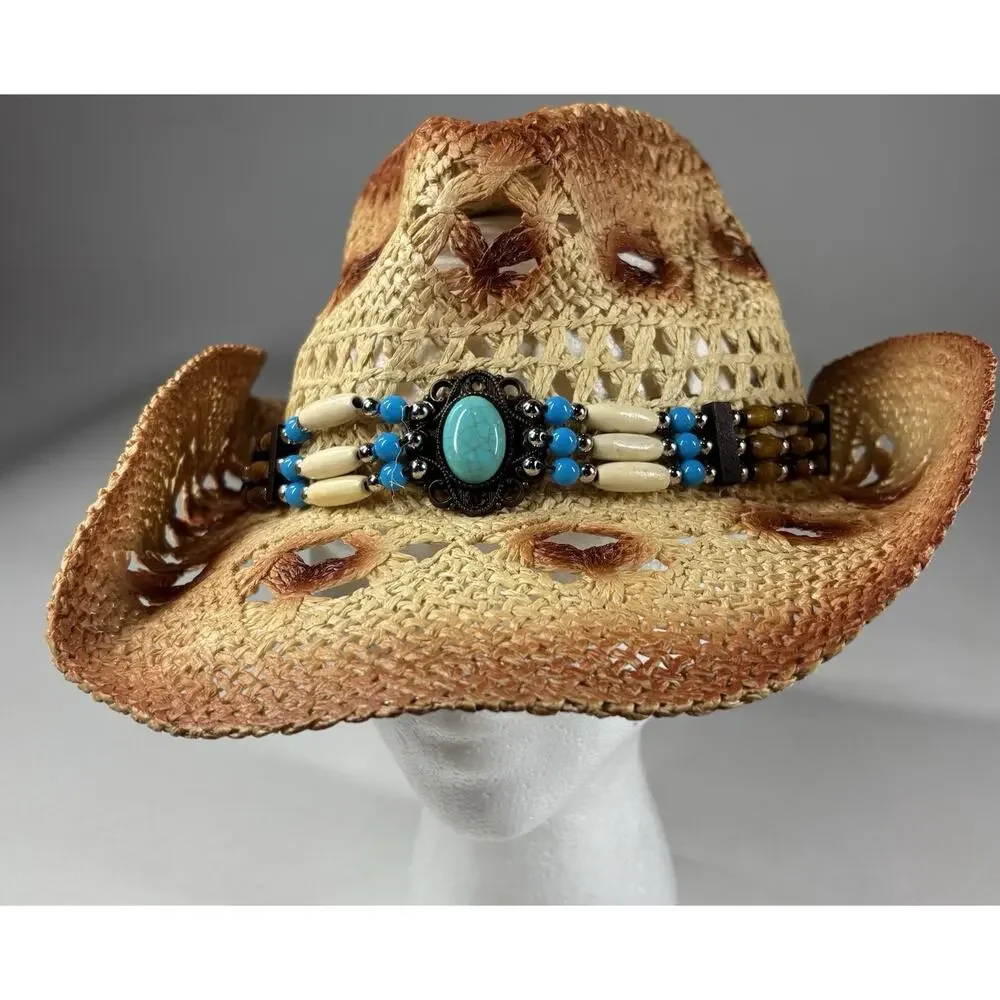 Fluffy Sense Straw Cowboy Hat Women Western Boho Turquoise Beaded Festival NWT - Picture 6 of 10
